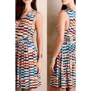 ANTHROPOLOGIE Maeve Sennebec Fit Flare Dress Sz S Jersey Knee Colorful Ikat